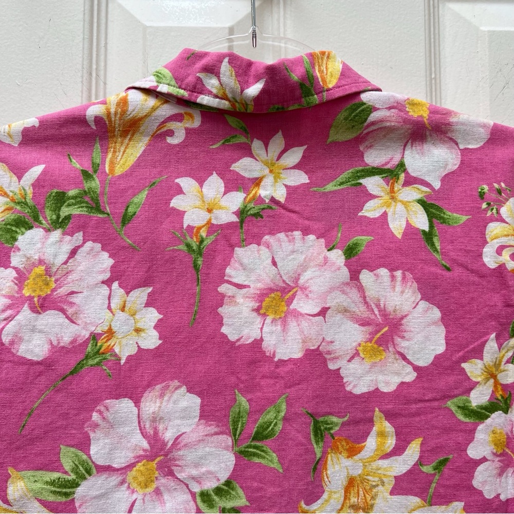 Vintage 90s Linen-Blend Pink Floral Hawaiian Blouse Tropical Lilly Tiki Barbie - Picture 6 of 8